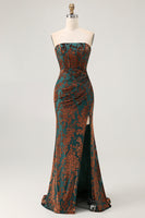 Load image into Gallery viewer, Floral Peacock Green Mermaid Strapless Long Formal Dress with Slit