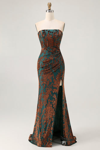 Floral Peacock Green Mermaid Strapless Long Formal Dress with Slit