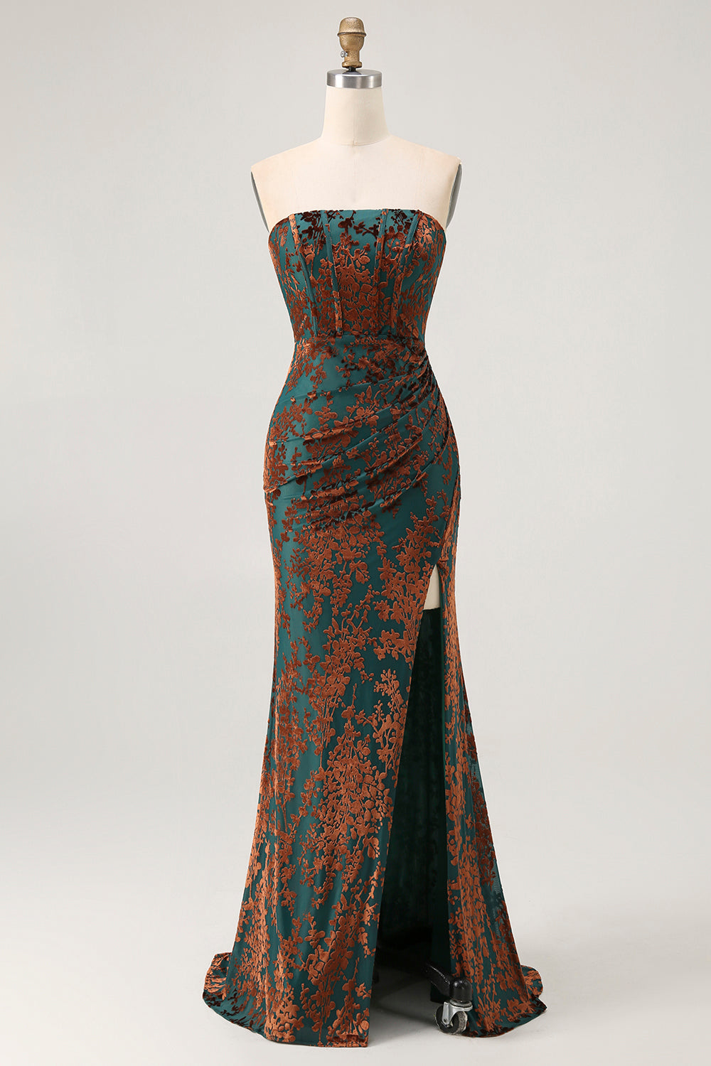 Floral Peacock Green Mermaid Strapless Long Formal Dress with Slit