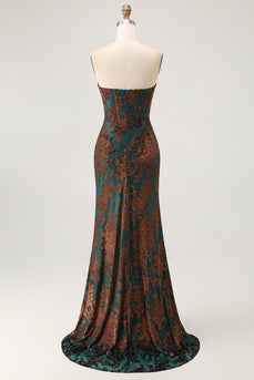 Floral Peacock Green Mermaid Strapless Long Formal Dress with Slit