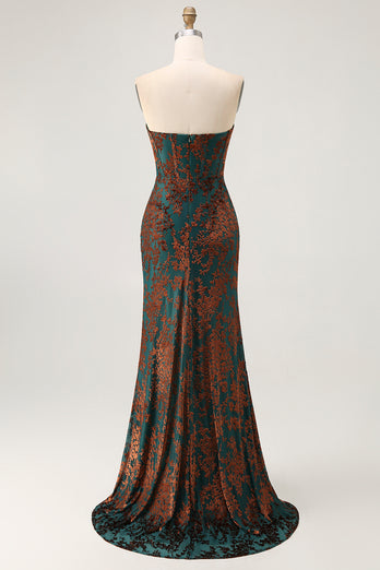 Floral Peacock Green Mermaid Strapless Long Formal Dress with Slit