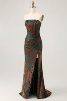 Load image into Gallery viewer, Floral Peacock Green Mermaid Strapless Long Formal Dress with Slit