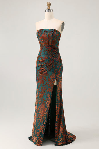 Floral Peacock Green Mermaid Strapless Long Formal Dress with Slit