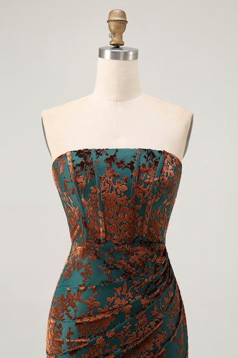 Floral Peacock Green Mermaid Strapless Long Formal Dress with Slit