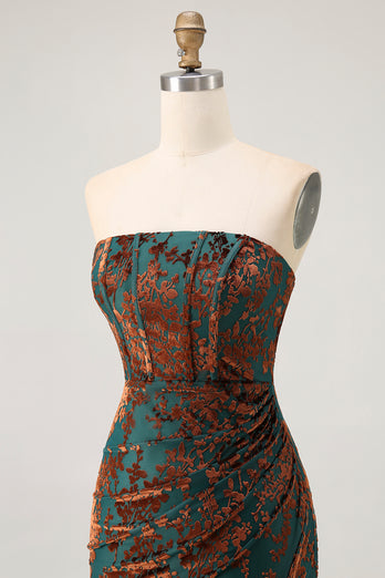 Floral Peacock Green Mermaid Strapless Long Formal Dress with Slit