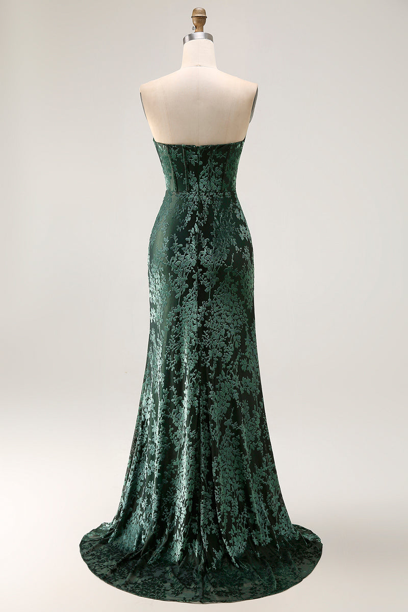 Load image into Gallery viewer, Floral Peacock Green Mermaid Strapless Long Formal Dress with Slit