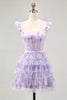 Load image into Gallery viewer, Floral Lilac A Line Tiered Cap Sleeves Short Corset Homecoming Dress