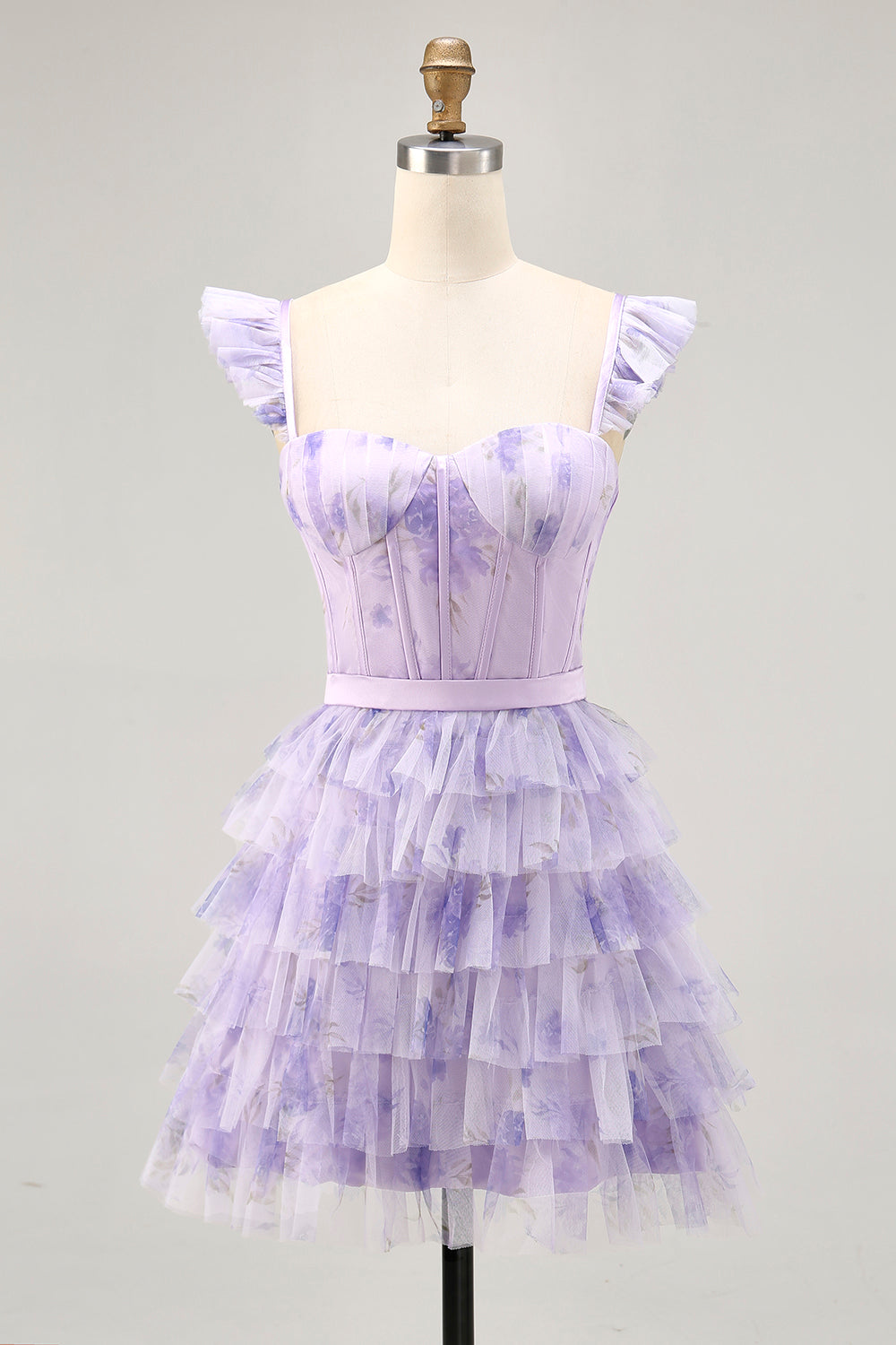 Floral Lilac A Line Tiered Cap Sleeves Short Corset Homecoming Dress