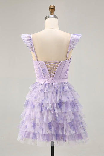Floral Lilac A Line Tiered Cap Sleeves Short Corset Homecoming Dress