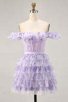 Load image into Gallery viewer, Floral Lilac A Line Tiered Cap Sleeves Short Corset Homecoming Dress
