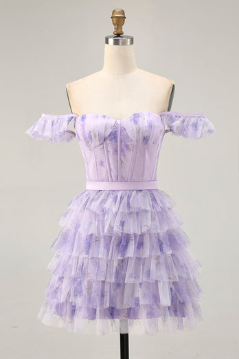 Floral Lilac A Line Tiered Cap Sleeves Short Corset Homecoming Dress