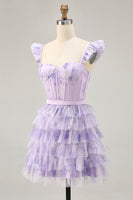 Load image into Gallery viewer, Floral Lilac A Line Tiered Cap Sleeves Short Corset Homecoming Dress