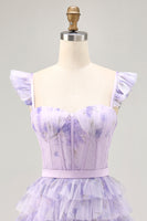 Load image into Gallery viewer, Floral Lilac A Line Tiered Cap Sleeves Short Corset Homecoming Dress