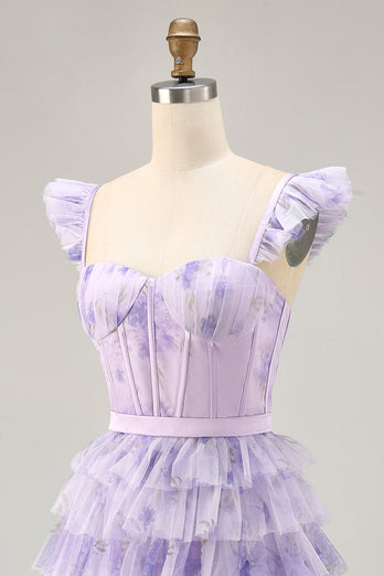 Floral Lilac A Line Tiered Cap Sleeves Short Corset Homecoming Dress