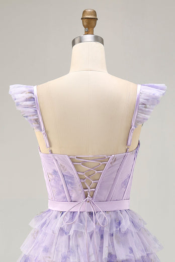 Floral Lilac A Line Tiered Cap Sleeves Short Corset Homecoming Dress