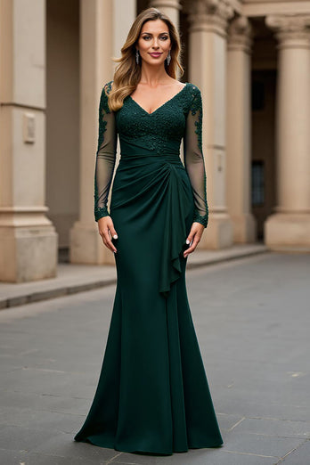 Navy Mermaid V-Neck Maxi Mother of the Bride Dress with Appliques