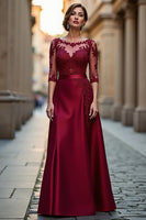 Load image into Gallery viewer, Dark Red Satin A Line Illusion Neck Mother of the Bride Dress with Appliques
