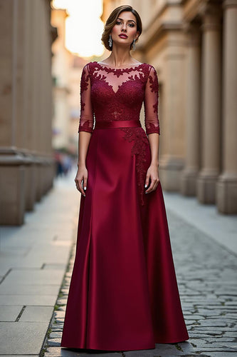Dark Red Satin A Line Illusion Neck Mother of the Bride Dress with Appliques