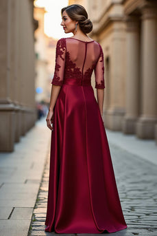 Dark Red Satin A Line Illusion Neck Mother of the Bride Dress with Appliques