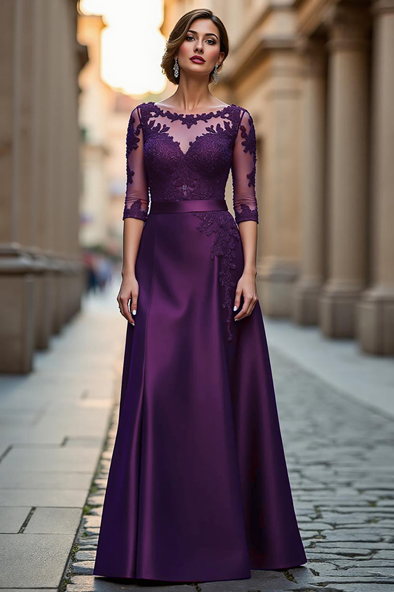 Load image into Gallery viewer, Dark Red Satin A Line Illusion Neck Mother of the Bride Dress with Appliques