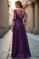 Load image into Gallery viewer, Dark Red Satin A Line Illusion Neck Mother of the Bride Dress with Appliques