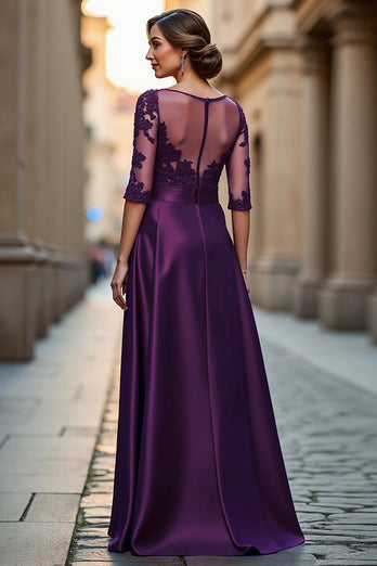 Dark Red Satin A Line Illusion Neck Mother of the Bride Dress with Appliques