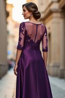 Load image into Gallery viewer, Dark Red Satin A Line Illusion Neck Mother of the Bride Dress with Appliques