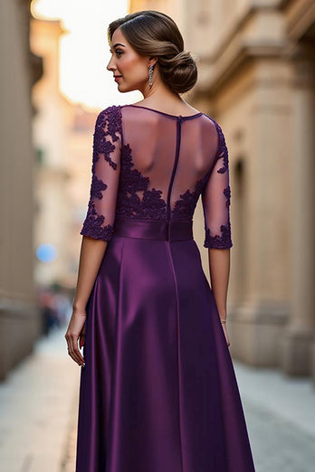 Dark Red Satin A Line Illusion Neck Mother of the Bride Dress with Appliques
