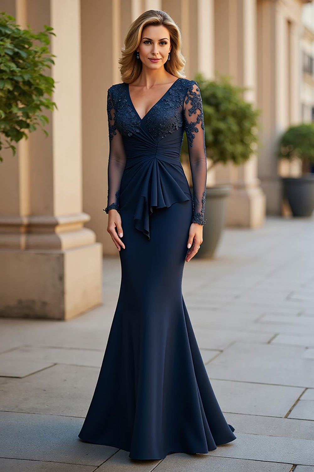 Navy Mermaid V-Neck Ruched Long Mother of the Bride Dress with Appliques