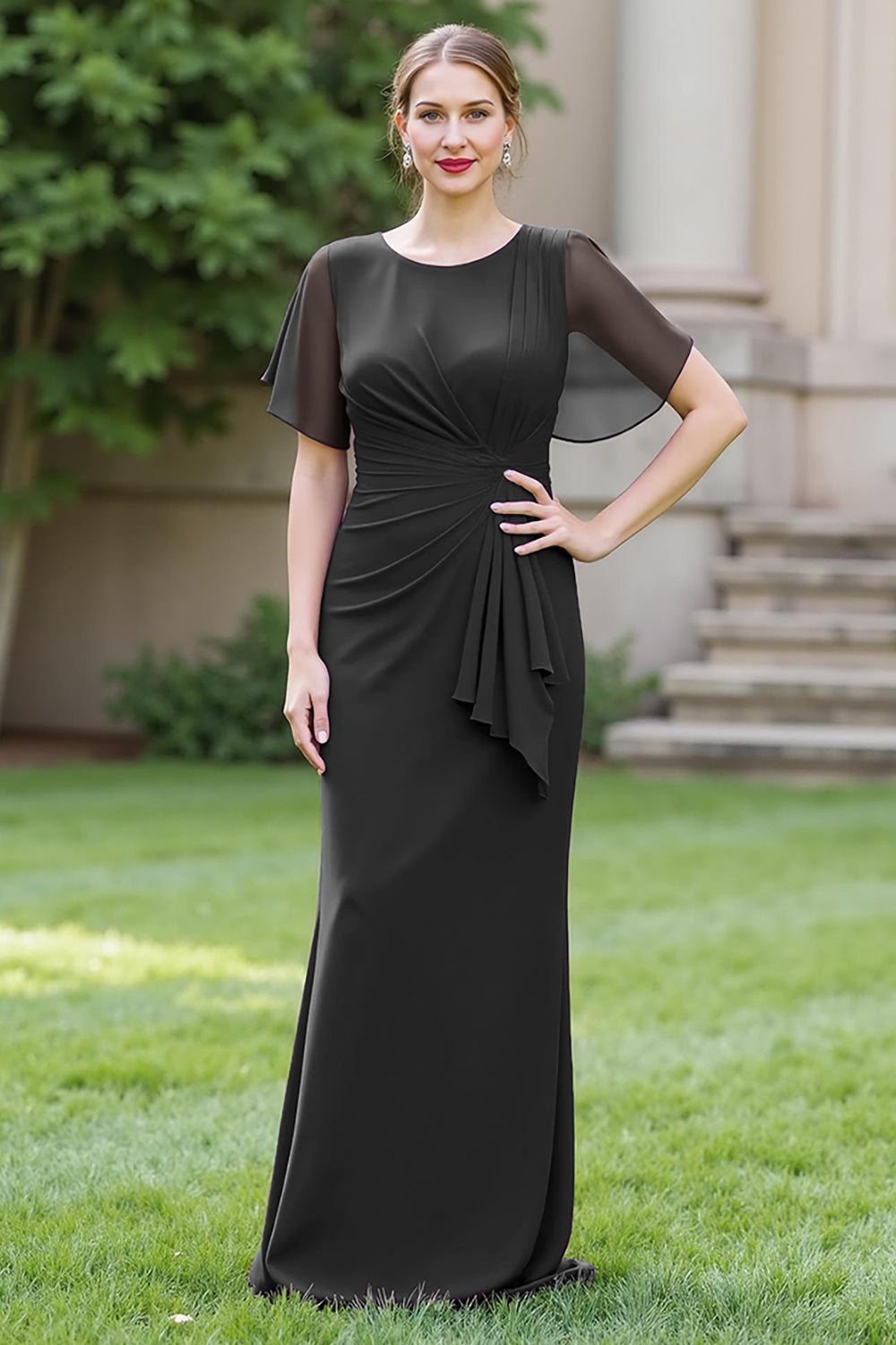 Black Sheath Ruched Round Neck Maxi Mother of the Bride Dress