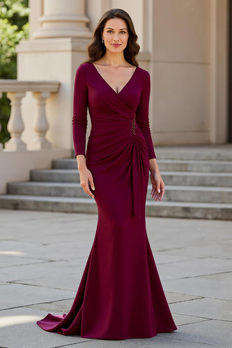 Burgundy Mermaid Satin V-Neck Long Mother of the Bride Dress
