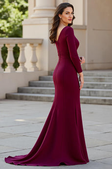 Burgundy Mermaid Satin V-Neck Long Mother of the Bride Dress