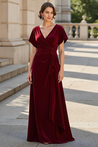 A Line Burgundy Satin V-Neck Ruched Mother of the Bride Dress