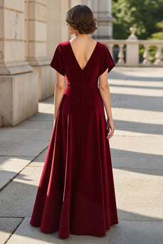 A Line Burgundy Satin V-Neck Ruched Mother of the Bride Dress