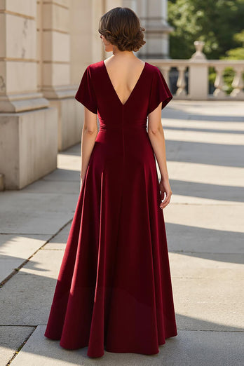 A Line Burgundy Satin V-Neck Ruched Mother of the Bride Dress