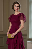 Load image into Gallery viewer, Burgundy Chiffon A Line Ruffled Round Neck Long Mother of the Bride Dress