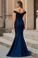 Load image into Gallery viewer, Navy Mermaid Satin Ruched Off the Shoulder Mother of the Bride Dress