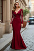 Load image into Gallery viewer, Plum Mermaid V-Neck Appliqued Long Sleeves Mother of the Bride Dress