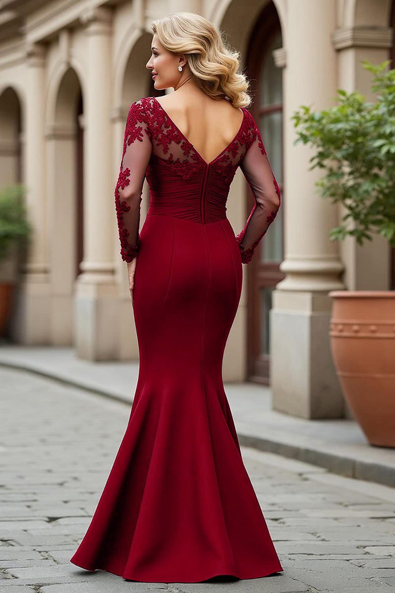 Load image into Gallery viewer, Plum Mermaid V-Neck Appliqued Long Sleeves Mother of the Bride Dress