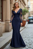 Load image into Gallery viewer, Black Mermaid V-Neck Appliqued Mother of the Bride Dress with Long Sleeves