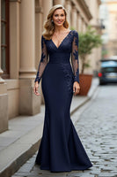 Load image into Gallery viewer, Black Mermaid V-Neck  Long Sleeves Mother of the Bride Dress with Appliques