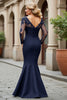 Load image into Gallery viewer, Black Mermaid V-Neck Appliqued Mother of the Bride Dress with Long Sleeves