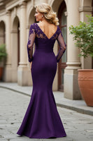 Load image into Gallery viewer, Plum Mermaid Appliqued V-Neck Long Sleeves Mother of the Bride Dress