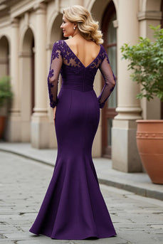 Plum Mermaid V-Neck Appliqued Long Sleeves Mother of the Bride Dress