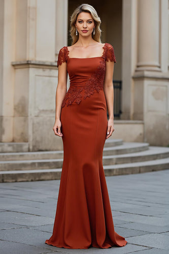 Rust Satin Mermaid Square Neck Mother of the Bride Dress with Appliques
