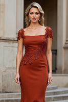 Load image into Gallery viewer, Rust Satin Mermaid Square Neck Mother of the Bride Dress with Appliques