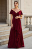 Load image into Gallery viewer, A Line Burgundy V-Neck Satin Mother of the Bride Dress with Ruffles