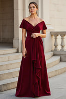 Load image into Gallery viewer, A Line Burgundy V-Neck Satin Mother of the Bride Dress with Ruffles