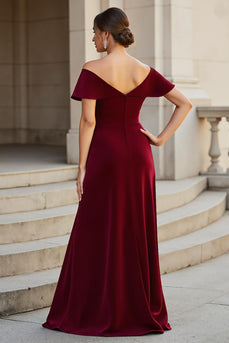 A Line Burgundy V-Neck Satin Mother of the Bride Dress with Ruffles
