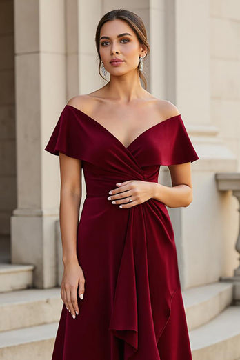 A Line Burgundy V-Neck Satin Mother of the Bride Dress with Ruffles